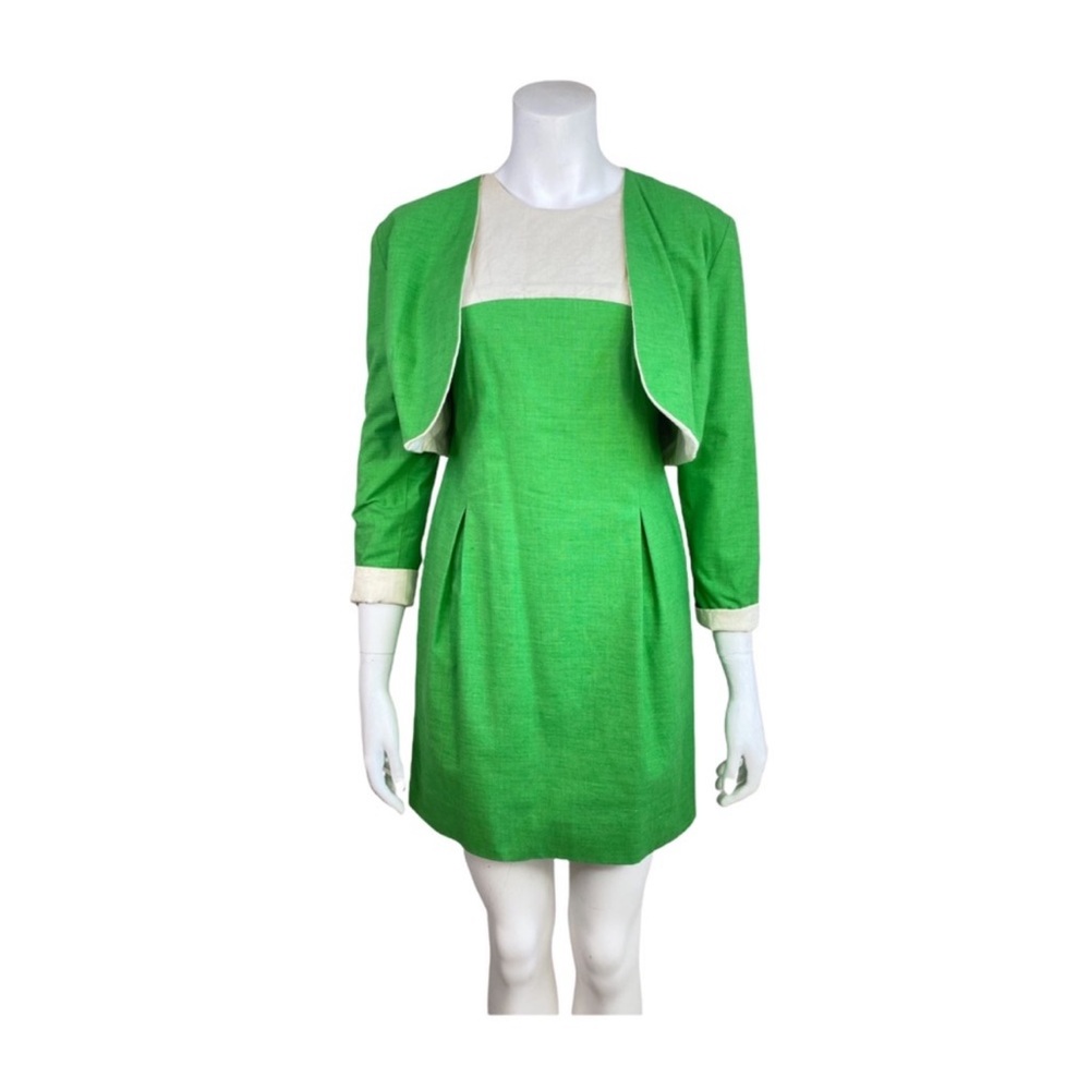 Vintage 60s Cotton Linen Shift Dress & Reversible Bolero Jacket Cream Lime S